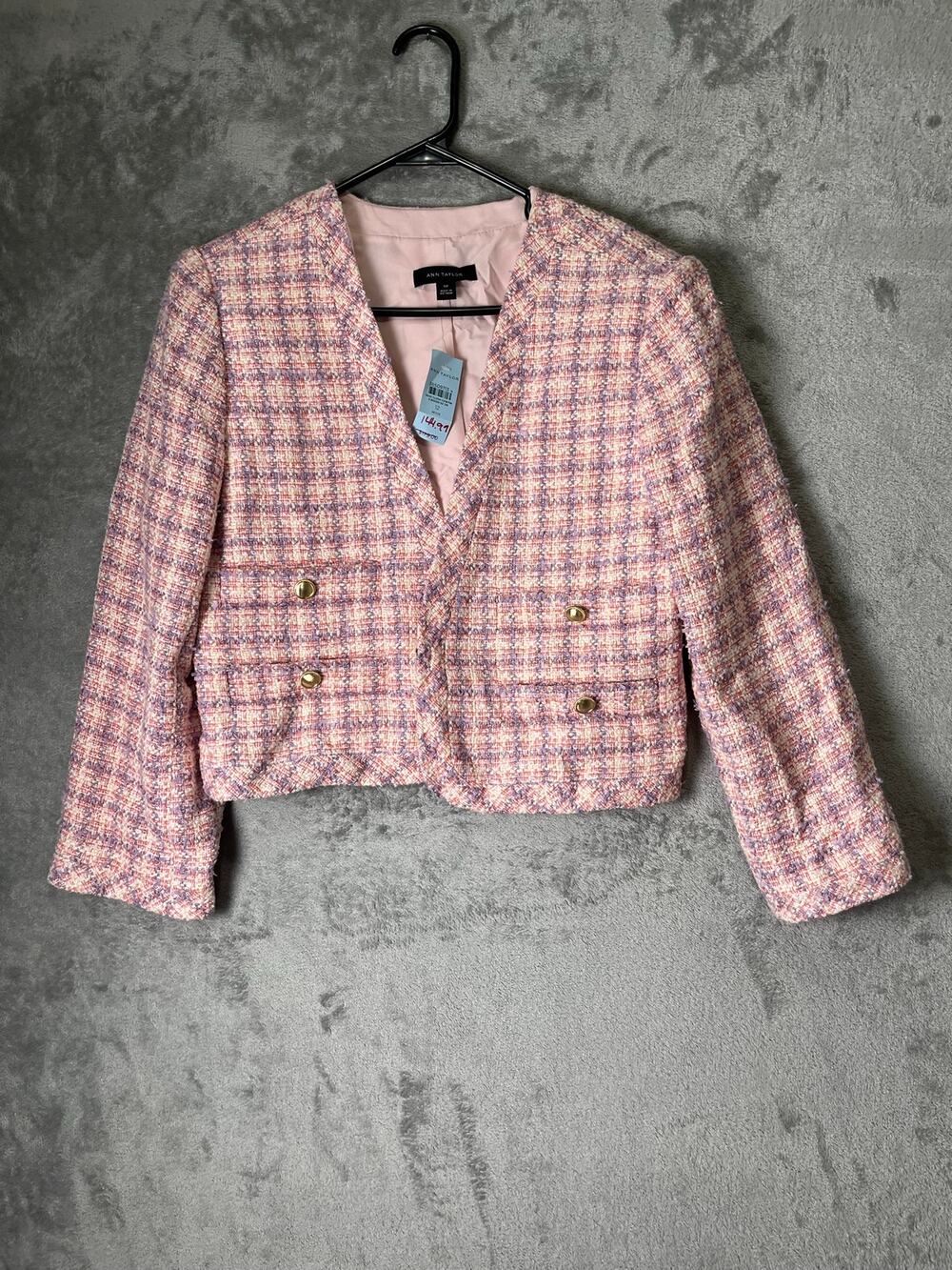 Ann Taylor Pink Boucle Tweed Double Breasted Cropped Blazer Jacket Size 12P New